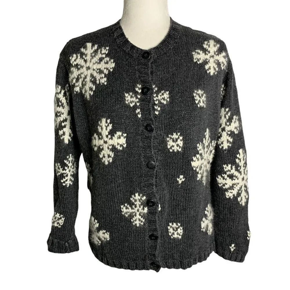 Vintage Eddie Bauer Cardigan Sweater S Grey Angora Blend Button Up Snowflakes